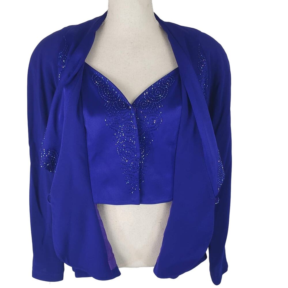VINTAGE 90s DayMor Couture Purple Beaded Satin Crop Top w/ Slim Fit Blazer 10